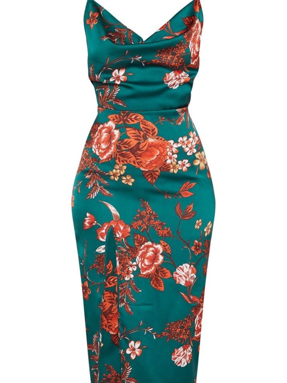 PrettyLittleThing Emerald Green Satin Floral Cowl Neck Midi Dress